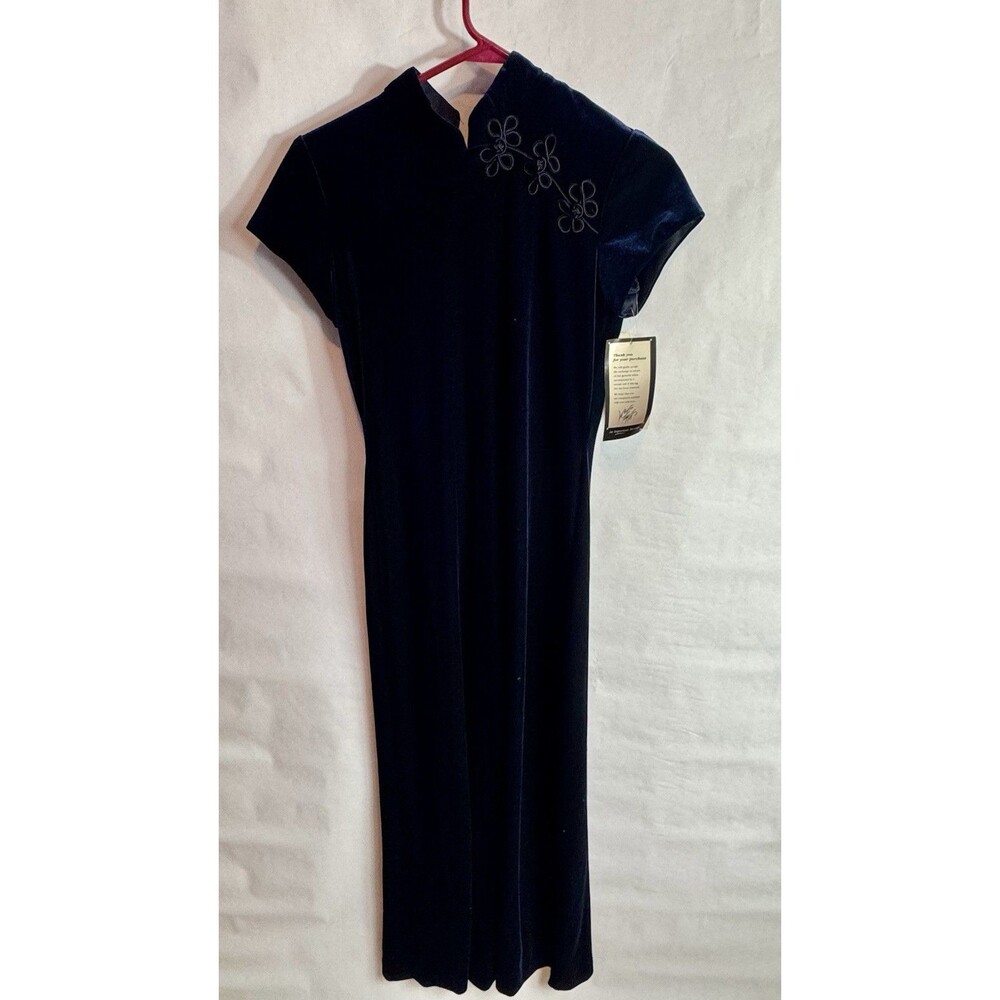 NWT Vintage Blue Velvet Maxi Dress High Neck Short Sleeve Zip 8 Petite